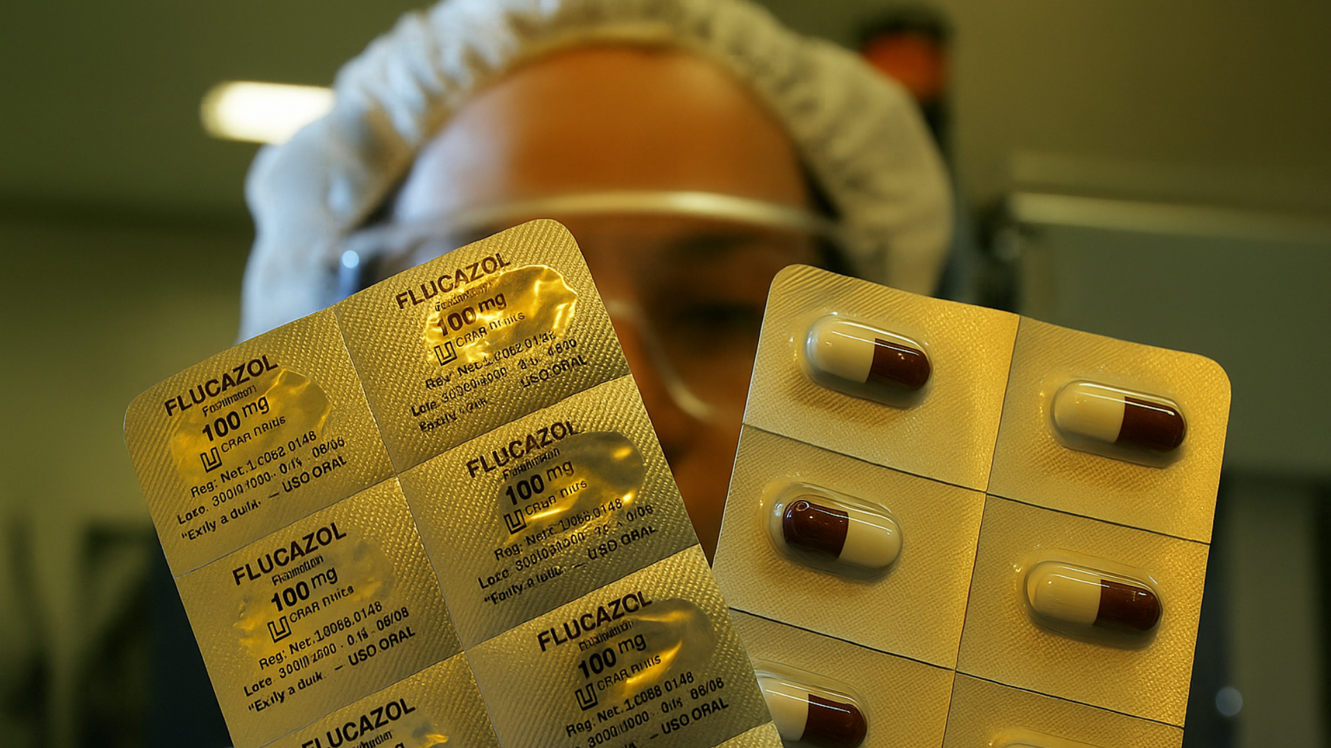 Inspeção de blísteres de medicamento por funcionário farmacêutico, um processo crucial para controlar a presença de extraíveis e lixiviáveis.