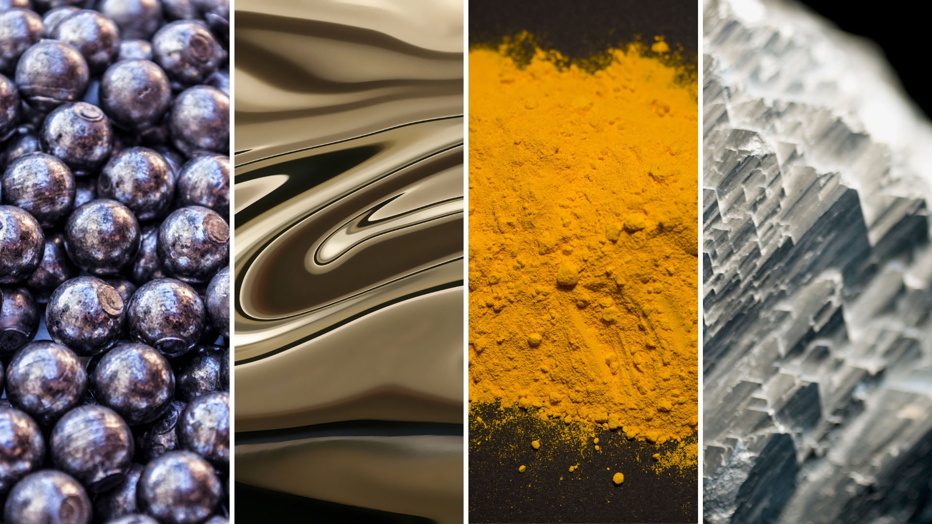 Mosaico de close-ups de impurezas elementares: esferas de chumbo, metal líquido de mercúrio, pó amarelo de cádmio ou arsênio, e uma formação cristalina de um mineral, representando os diversos estados dos metais pesados.