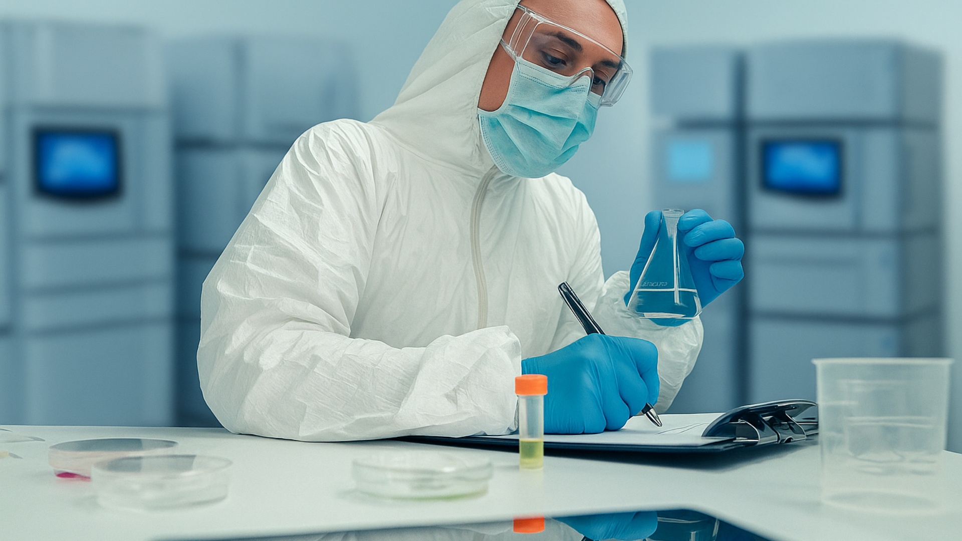 Cientista em traje de proteção completo (EPI), incluindo máscara e óculos, anota observações enquanto segura um béquer com líquido azul, simbolizando rigoroso controle de qualidade e análise de risco em ambiente farmacêutico.