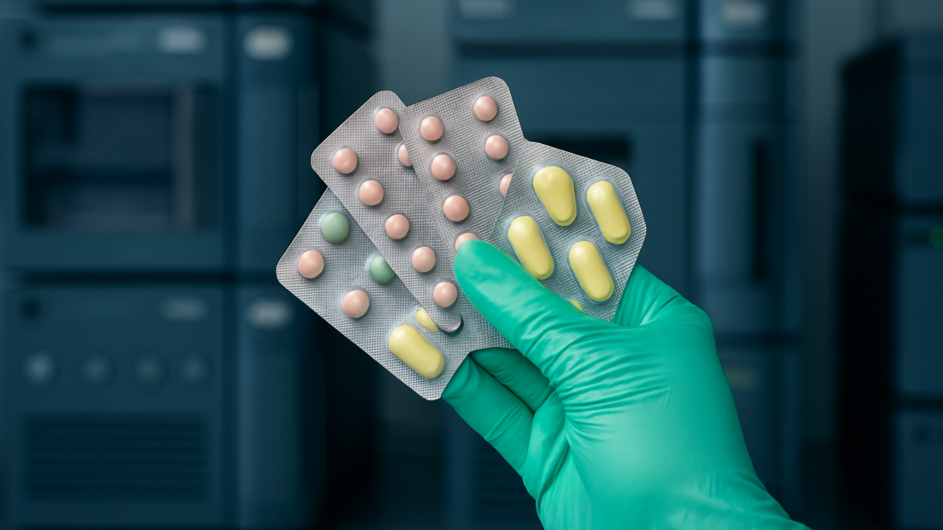 Mão enluvada de verde segura blísteres de medicamentos com pílulas coloridas, simbolizando o rigoroso controle de qualidade para detectar e prevenir a presença de nitrosaminas.