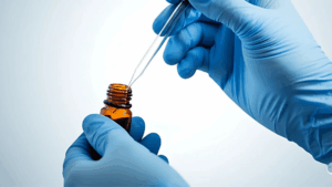 Cientista com luvas azuis prepara amostra líquida em frasco âmbar, realizando a digestão ou diluição para análise de impurezas elementares em laboratório farmacêutico, conforme diretrizes ICH Q3D.