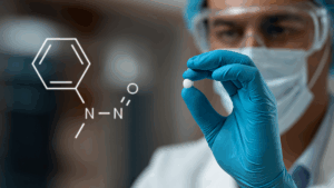 Cientista com luvas azuis e máscara segura um comprimido branco, enquanto uma estrutura molecular de nitrosamina é sobreposta, simbolizando a pesquisa e controle de nitrosaminas em fármacos.
