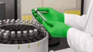 Tubo de ensaio com líquido verde sendo analisado em laboratório farmacêutico, representando a busca por Extratíveis e Lixiviáveis elementares e a garantia de qualidade.