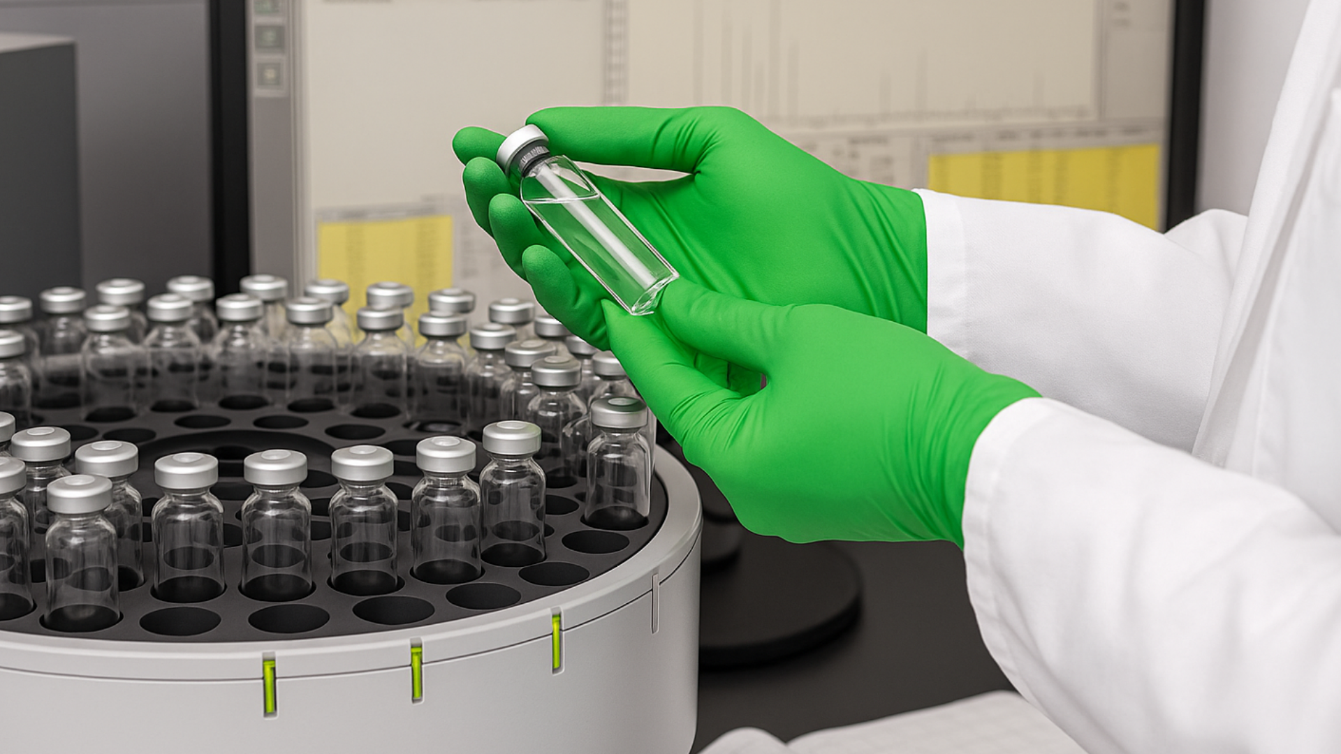 Tubo de ensaio com líquido verde sendo analisado em laboratório farmacêutico, representando a busca por Extratíveis e Lixiviáveis elementares e a garantia de qualidade.