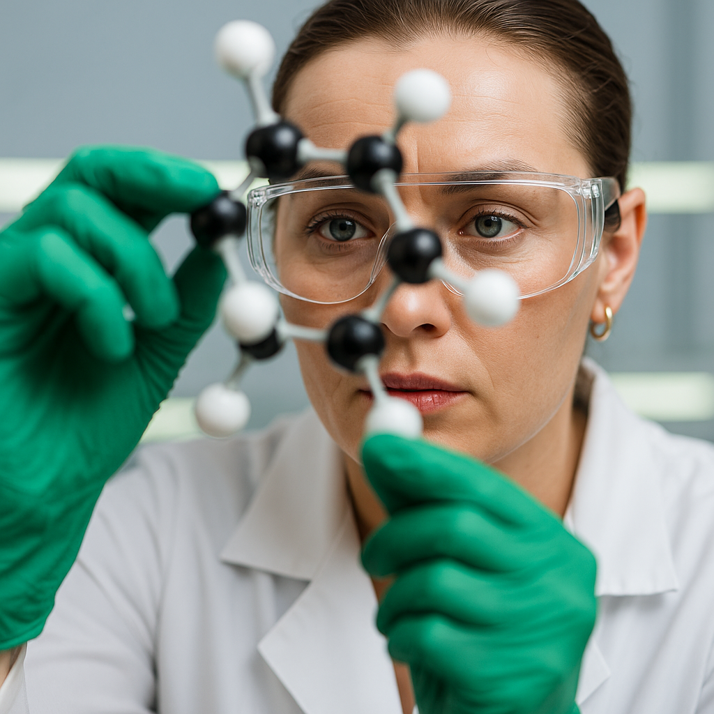 Cientista da Labpharma com óculos de segurança e luva verde, examinando de perto um modelo molecular.