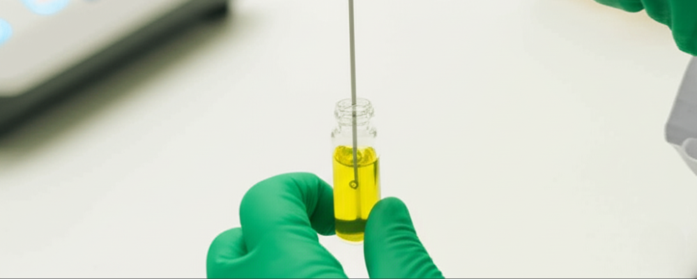 Mãos com luvas verdes da Labpharma, manuseando um frasco com líquido amarelo-esverdeado e um equipamento de pipetagem automática.